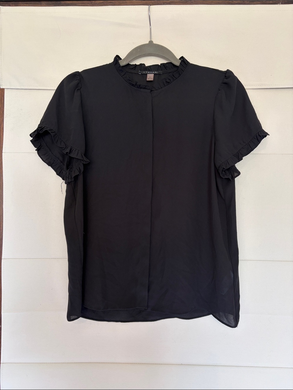 T Tahari Black Ruffle-Trim Short Sleeve Blouse